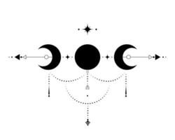 Triple Moon, Sacred Geometry, mystical arrows and crescent moon, dotted lines in boho style, wiccan icon, alchemy esoteric mystical magic sign. Spiritual occultism vector isolated on white background