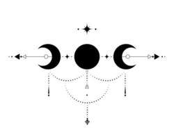 luna triple, geometría sagrada, flechas místicas y luna creciente, líneas punteadas en estilo boho, icono wiccan, signo mágico místico esotérico de alquimia. vector de ocultismo espiritual aislado sobre fondo blanco