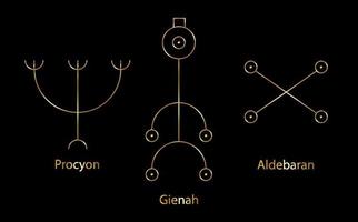 Astrology Stars, PROCYON or Canis Minor, GIENAH or Corvus, ALDEBARAN or Oculus Tauri. Set Hieroglyphic sign, hermetic kabbalistic magic symbols. Gold Line art Vector isolated on black background