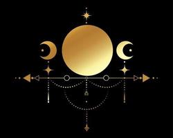 Triple Moon, Sacred Geometry, mystical arrows and crescent moon, dotted lines in boho style, wiccan icon, alchemy esoteric mystical gold sign. Spiritual occultism vector isolated on black background