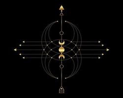 Golden Totem, Sacred Geometry, mystical arrow and crescent moon, gold dotted lines in boho style, wiccan icon, alchemy esoteric mystical magic talisman. Spiritual occultism vector isolated on black