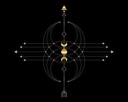 tótem dorado, geometría sagrada, flecha mística y luna creciente, líneas punteadas de oro en estilo boho, icono wiccan, talismán mágico místico esotérico de alquimia. vector de ocultismo espiritual aislado en negro