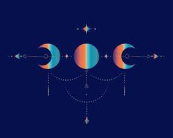 luna triple, geometría sagrada, flechas místicas y luna creciente, líneas punteadas en estilo boho, icono wiccan, signo mágico místico esotérico de alquimia. vector de ocultismo espiritual aislado sobre fondo azul