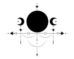 luna triple, geometría sagrada, flechas místicas y luna creciente, líneas punteadas en estilo boho, icono wiccan, signo mágico místico esotérico de alquimia. vector de ocultismo espiritual aislado sobre fondo blanco