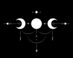 Triple Moon, Sacred Geometry, mystical arrows and crescent moon, dotted lines in boho style, wiccan icon, alchemy esoteric mystical magic sign. Spiritual occultism vector isolated on black background