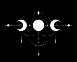 Triple Moon, Sacred Geometry, mystical arrows and crescent moon, dotted lines in boho style, wiccan icon, alchemy esoteric mystical magic sign. Spiritual occultism vector isolated on black background