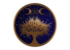 tree of life Wicca sign mandala, Gold Mystical Moon Pentacle, Sacred geometry, Golden Crescent moon, half moon pagan Wiccan triple goddess symbol, vector isolated on blue starry night sky background