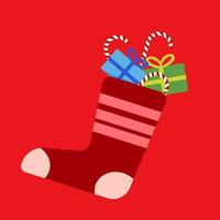 Christmas card, red sock and gift box icon, decorated for Christmas night. vector