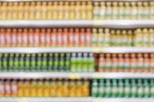 Supermarket with beverage product shelves blur background photo