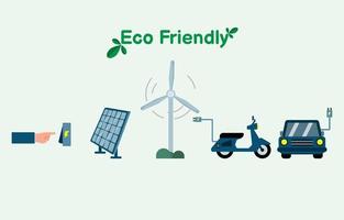 Eco environmentally friendly flat icon vector illustration, renewable energy such as solar and wind power and electric vehicles, including energy saving.
