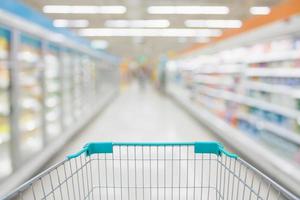 shopping cart view with supermarket aisle abstract blur frozen and dairy products in refrigerator shelves background photo