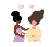 Pregnant girl talk to each other. Business women discuss social network, chat with dialog speech bubbles, debate working moments. Modern vector illustration in flat style.