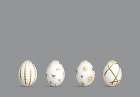 Easter white eggs set. Luxury eggs with different gold ornament. Spring holiday. Realistic vector illustration. For greeting card, promotion, poster, flyer, web banner, social media