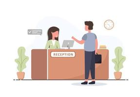 Reception interior. Young woman receptionist and man with briefcase at reception desk. Hotel booking, clinic, airport registration, bank or office reception concept. Cartoon flat vector illustration.