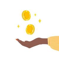 Save money concept. African female hand holding golden coins. Investments in future. Financial symbol. Banking or business services. Vector illustration in flat cartoon style