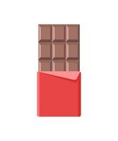 Chocolate bar icon. Open tasty milk chocolate in foil packaging. Flat dessert and sweet. Vector illustration in cartoon style.