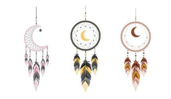 atrapasueños con luna y plumas. conjunto de talismanes indios. vector