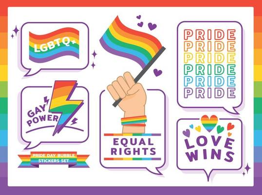 Flat LGBTQ  Pride day stickers set. Rainbow Speech bubble labels collection.