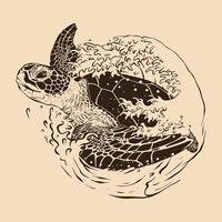 Sea turtle waves sketch illustration drawing vector