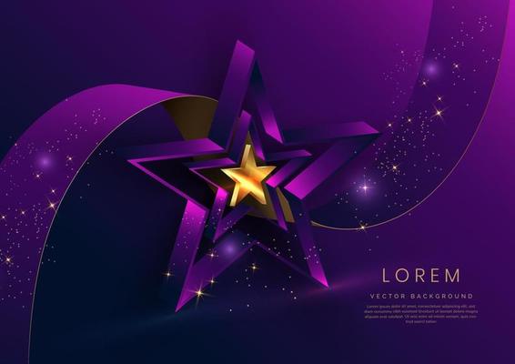 Abstract 3d gold curved ribbon on purple and dark blue background with lighting effect and sparkle with copy space for text. Luxury design style.