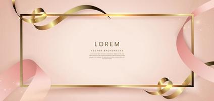 Abstract 3d gold curved ribbon on rose gold background with lighting effect and sparkle with copy space for text. Luxury frame design style.