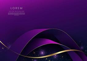 Abstract 3d gold curved ribbon on purple and dark blue background with lighting effect and sparkle with copy space for text. Luxury design style.