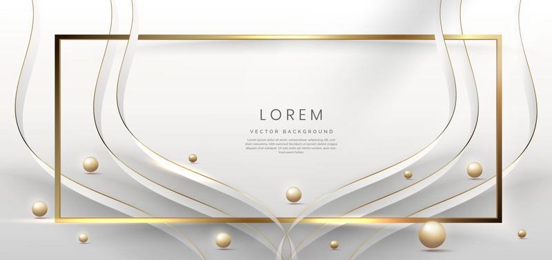 Abstract 3d gold curved white ribbon on grey background with bll lighting effect and sparkle with copy space for text. Luxury frame design style.