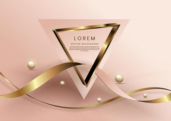 Triangle frame decor dolden ribbon with light effect and ball on rose gold background. Luxury style.