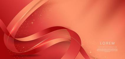 Abstract 3d gold curved red ribbon on red background with lighting effect and sparkle with copy space for text. Luxury design style. vector