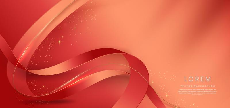 Abstract 3d gold curved red ribbon on red background with lighting effect and sparkle with copy space for text. Luxury design style.