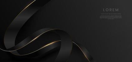 Abstract 3d black and gold curved red ribbon on black background with lighting effect and sparkle with copy space for text. Luxury design style. vector