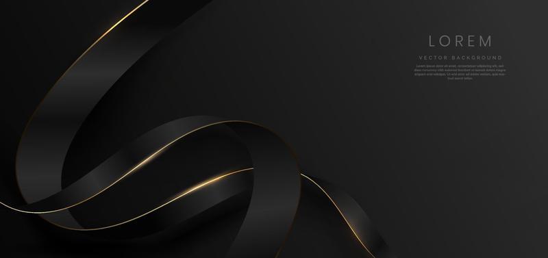 Abstract 3d black and gold curved red ribbon on black background with lighting effect and sparkle with copy space for text. Luxury design style.