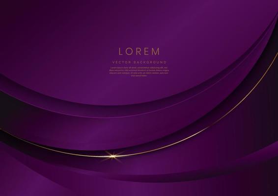 Abstract 3d curved violet background with gold lines curved wavy sparkle with copy space for text. Luxury style template design.