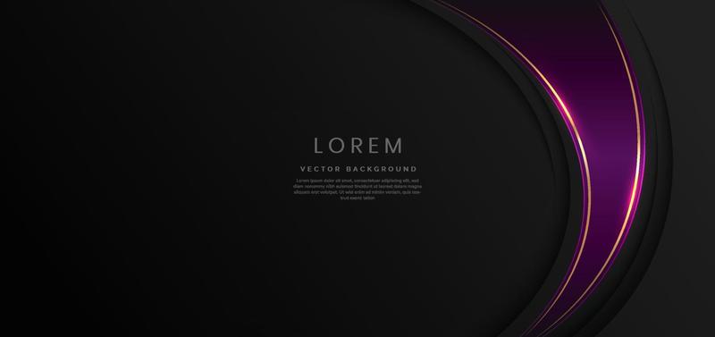 Abstract luxury violet curves with elegant golden border on black background space for text. Template design style.