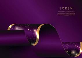 Abstract 3d gold curved ribbon on purple background with lighting effect and sparkle with copy space for text. Luxury design style. vector