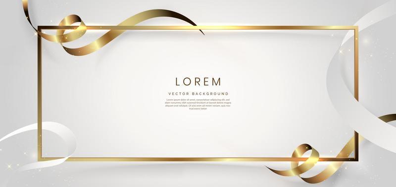 Abstract 3d gold curved ribbon on white background with lighting effect and sparkle with copy space for text. Luxury frame design style.