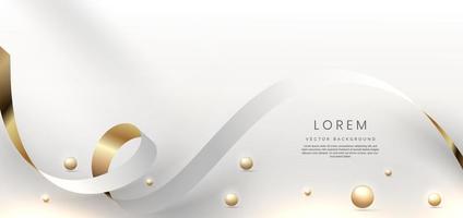 Abstract 3d gold curved white ribbon on grey background with bll lighting effect and sparkle with copy space for text. Luxury frame design style.