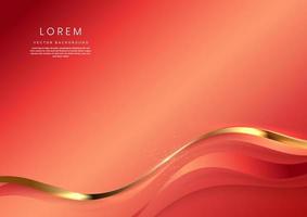 Abstract 3d gold curved ribbon on soft red background with lighting effect and sparkle with copy space for text. Luxury design style. vector