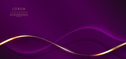 Abstract 3d curved violet and gold ribbon on violet background with lighting effect copy space for text. Luxury design style. vector