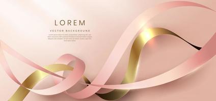 Abstract 3d gold curved ribbon on rose gold background with lighting effect and sparkle with copy space for text. Luxury design style. vector