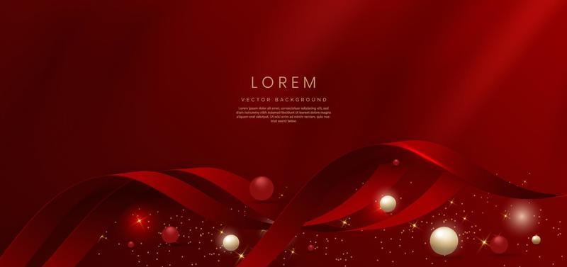Abstract 3d gold curved red ribbon on red background with lighting effect and sparkle with copy space for text. Luxury design style.