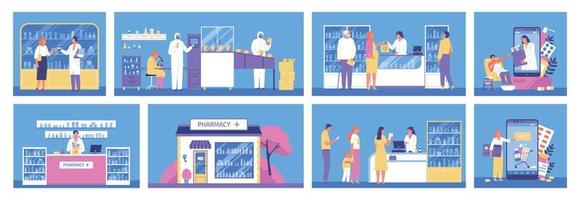 Pharmacy Flat Color Compositions vector