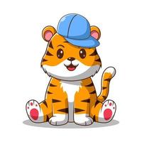 Cute Tiger Sitting Vector Icon Illustration. Tiger Mascot Cartoon Character. Animal Icon Concept White Isolated. Flat Cartoon Style Suitable for Web Landing Page, Banner, Flyer, Sticker, Card