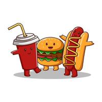 Cute Burger, Soft Drink And Hot Dog Cartoon Vector Icon Illustration. Food And Drink Icon Concept. Fast Food Flat Cartoon Style