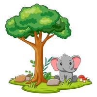 Elephant And Tree Cartoon Isolated on White Background, Vector Illustration of Elephant And Tree Cartoon