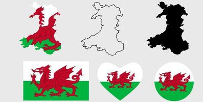Wales map flag icon set vector