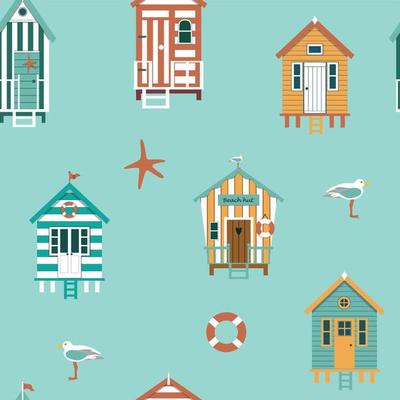 Seamless pattern with beach huts seagulls on blue background