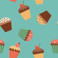 Seamless pattern with cupcakes with strawberry and cherry on blue background a vector