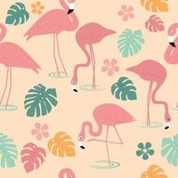 Seamless tropical pattern with flamingo and leaves vector