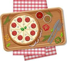 Top view of cheese pizza on a wooden tray vector